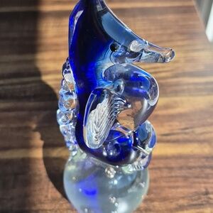 Handblown Blue Glass Sea horse Sculpture - Home Art